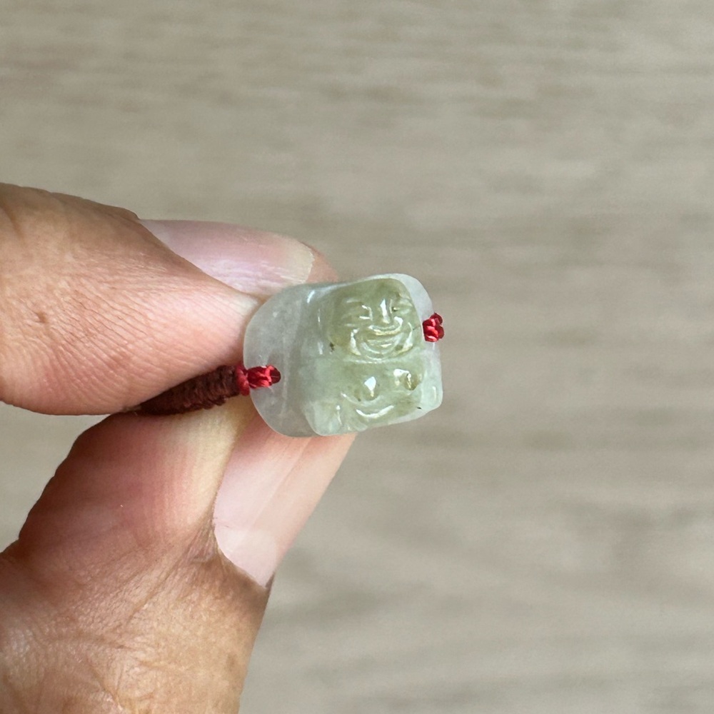 Green Jade Carved Laughing Buddha Ring, Size 6.5